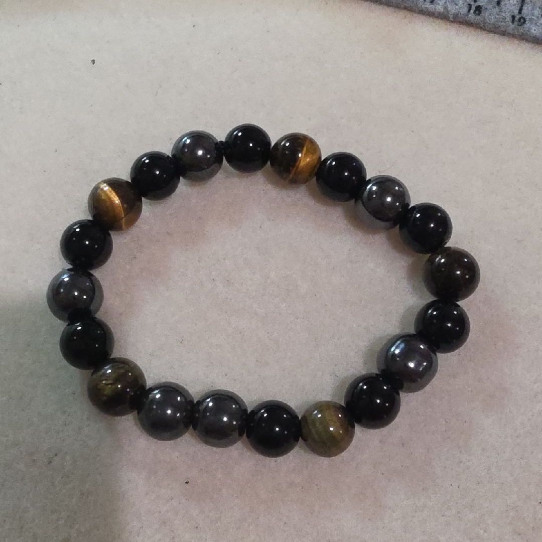 Women's Black Obsidian,Tiger Eye And Hematite Beaded Stretch Bracelet
